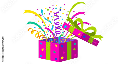 Vibrant gift box exploding with colorful confetti and ribbons in a celebratory scene from a front viewpoint