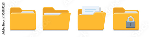 Collection of yellow folder icons representing different states of document organization and security