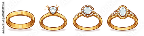 Collection of four distinct gold rings with various gemstone settings and styles