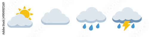 Set of weather icons showing sun, clouds, rain, and thunderstorm with lightning