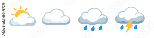 Set of cartoon weather icons showing sun, clouds, rain, and lightning