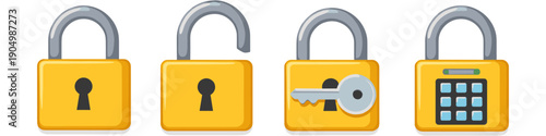 Collection of four yellow padlocks showing different security states and types