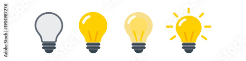 Four light bulbs showing progression from off to bright idea, innovation concept