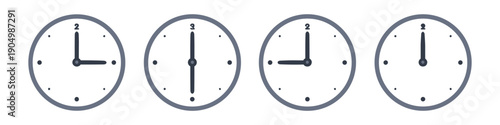 Four simple analog clocks showing different times on a white background