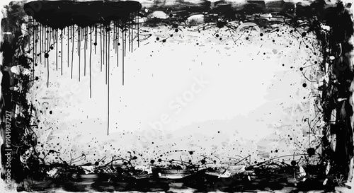 Ink splatters create a grunge border around a white center, forming an abstract illustration with dynamic splatter art.