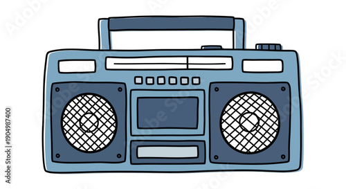 Vintage blue boombox illustration with handle, speakers, and cassette deck on a white background viewed from the front.
