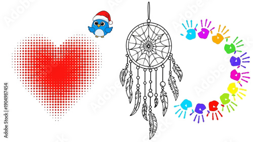 Vibrant heart illustration surrounded by dreamcatcher and colorful handprints in festive illustration