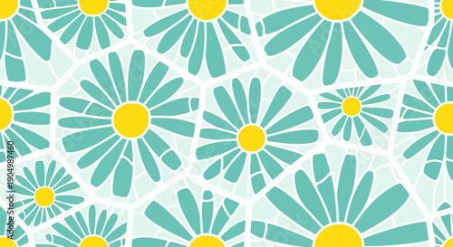 A vibrant pattern of teal and yellow flowers arranged in a repeating design viewed from directly above