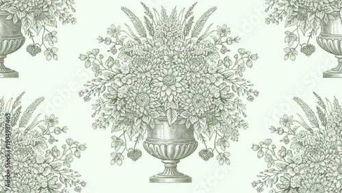 A serene pattern of vases with flowers and foliage in a repeating design viewed from directly above