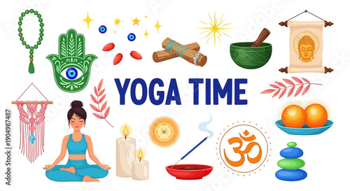 Woman meditating in lotus position surrounded by yoga symbols and elements in a serene environment from a top viewpoint