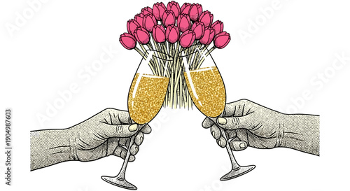 Two hands holding champagne flutes with pink flowers in a celebratory toast