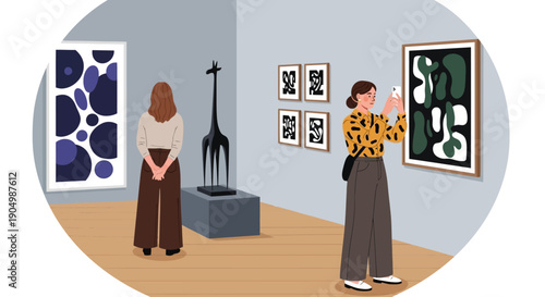 Visitors admiring abstract artwork in a modern art gallery with minimalist decor and wooden flooring