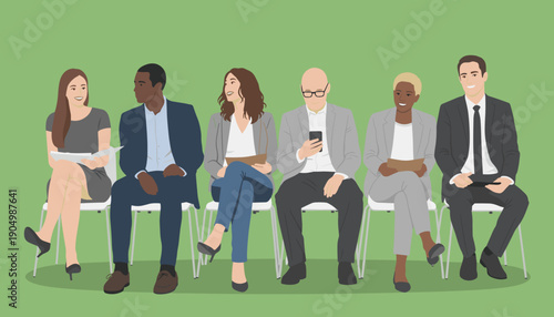 people of diverse business professionals waiting in line on chairs against a green background, ready for an interview or meeting.