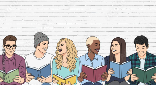 people of diverse students happily reading books against a brick wall background, promoting education and learning.