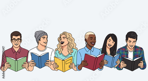 people of diverse students happily reading books and engaging in group study or discussion, education concept.