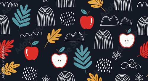 Vibrant pattern featuring apples, leaves, and abstract designs on a dark background viewed from directly above