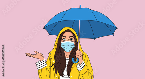 people of a woman in a yellow raincoat and medical mask holding an umbrella, checking for rain against a pink background.