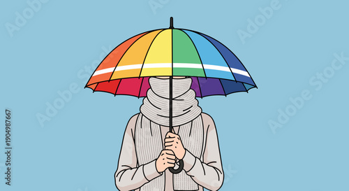 people of a person with face hidden by a scarf and holding a rainbow umbrella, representing anonymity or cold weather fashion.