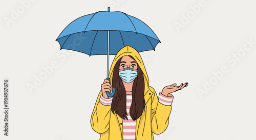 people of a woman in a yellow raincoat and face mask holding an umbrella and checking for rain, illustrating weather and public health.
