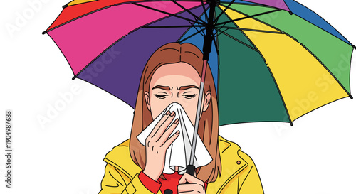 people of a woman in a yellow raincoat under a rainbow umbrella sneezing into a tissue, depicting cold or allergy symptoms.