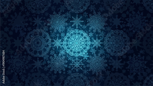 Intricate Snowflakes Falling Against Dark Blue Background from Direct Viewpoint