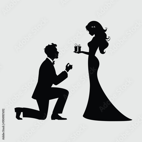 A romantic proposal with a ring and a bride in elegant attire isolated on white background, Vector, illustration