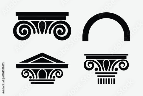 Four classical architectural elements illustrated in black and white isolated on white background, Vector, illustration
