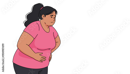 people of an overweight woman holding her stomach in pain or discomfort, illustrating health issues or digestion problems.
