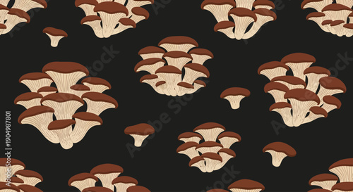 Illustration of various mushrooms arranged in a pattern on a dark background from a direct viewpoint