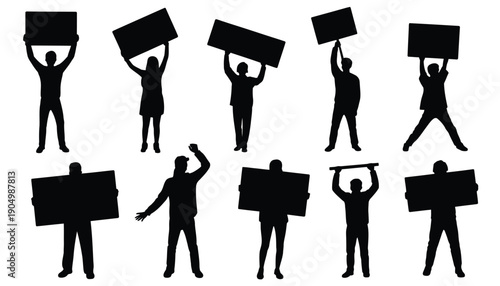 Diverse group of people holding protest signs in solidarity isolated on white background, Vector, illustration