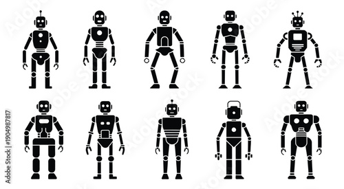 Evolution of robotic humanoid designs from basic to advanced configurations isolated on white background, Vector, illustration