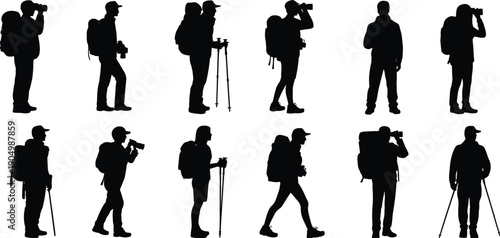 Diverse silhouettes of photographers capturing moments with various equipment isolated on white background, Vector, illustration