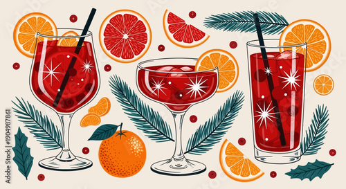 Vibrant cocktails garnished with citrus slices and leaves, surrounded by festive fruits and berries, viewed from directly above in a celebratory setting