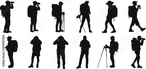 Silhouettes of hikers and photographers exploring nature with various equipment isolated on white background, Vector, illustration