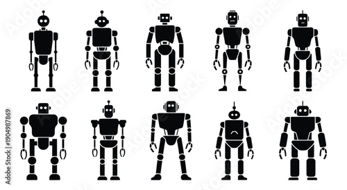Diverse robotic figures in various standing and walking poses displayed in black and white isolated on white background, Vector, illustration