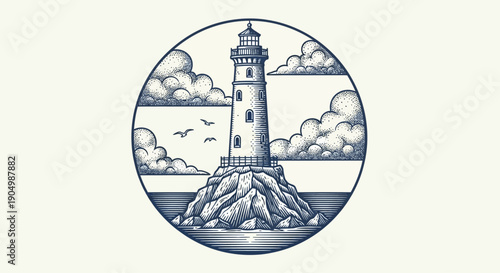 A serene lighthouse standing tall on a rocky island surrounded by seagulls and clouds, a classic illustration of maritime safety and guidance.