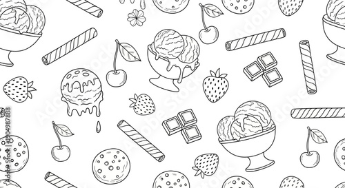 Assorted desserts and sweets, including cakes, fruits, and candies, scattered in a seamless pattern from a top-down viewpoint.