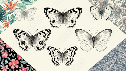 A collection of butterflies in various illustrations on a textured background