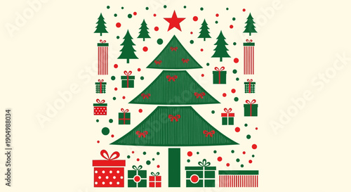 A festive Christmas tree surrounded by gifts and decorations viewed from the front