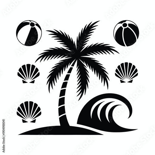 Elegant black and white beach and palm tree illustration with seashells and waves isolated on white background, Vector, illustration