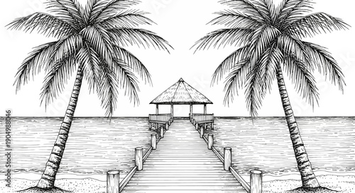 Serene dock scene with palm trees leading to a tranquil hut on the ocean shore, captured from a distant viewpoint.