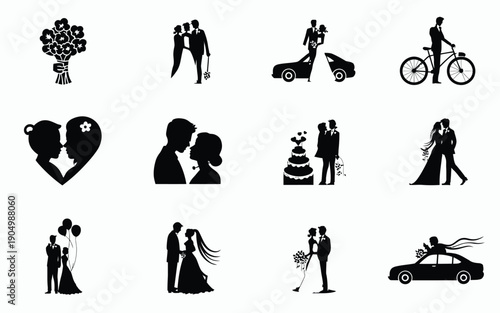 Iconic representations of love, marriage, and wedding-related symbols and activities isolated on white background, Vector, illustration
