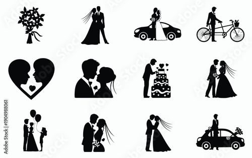 Assorted black and white wedding and romantic icon illustrations collection isolated on white background, Vector, illustration