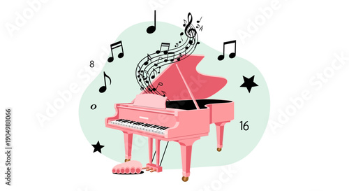 A giraffe playing a pink grand piano surrounded by music notes and stars