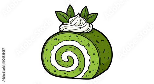 A vibrant matcha swiss roll cake with white cream filling and green tea leaves on top, illustrated from a front view