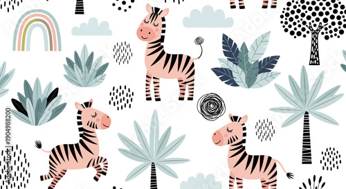 Illustration of zebras surrounded by plants and abstract shapes from a top-down viewpoint in a whimsical environment