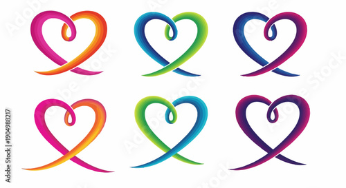 A collection of six intertwined heart illustrations in various rainbow colors displayed together
