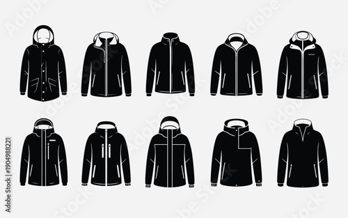 A collection of ten different types of jackets in a variety of styles and designs isolated on white background