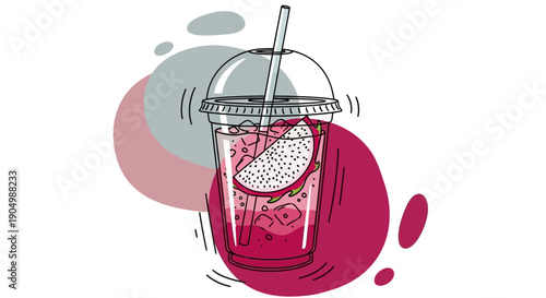 Illustration of a modern drink with a straw in a clear cup against abstract shapes