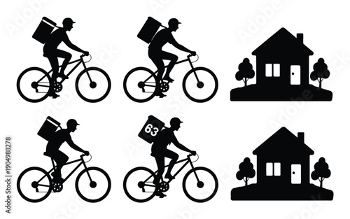 Silhouettes of cyclists delivering packages to houses in a neighborhood isolated on white background